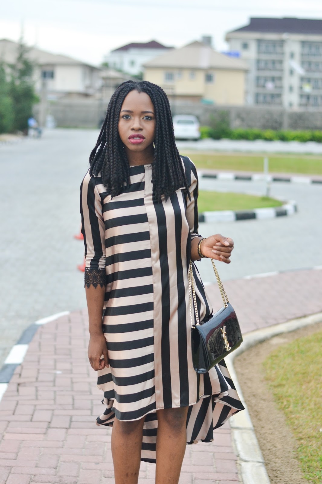 Gray top striped dress